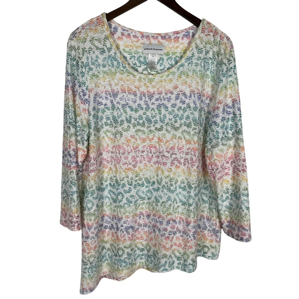 Alfred Dunner Rainbow Animal Print Knit Top Asymmetrical Hem‎ XL 3/4 Sleeve